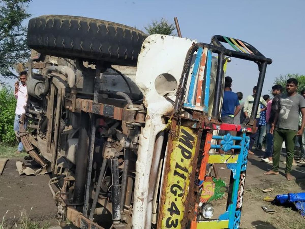 pickup truck overturns fire